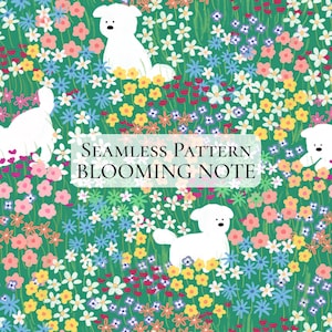 Motivo floreale senza soluzione di continuità con cane, cucciolo bianco kawaii in un campo di fiori, motivo ripetuto in stile cottagecore disegnato a mano