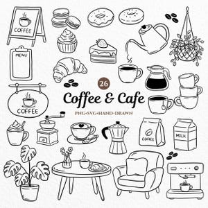May include: Black and white hand-drawn illustrations of coffee and cafe items. Includes coffee cups, pastries, coffee beans, a coffee maker, a coffee grinder, and the text "Coffee & Cafe".