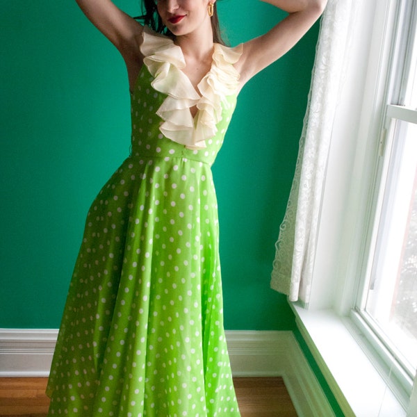 Incredible 1970s, Green Polka Dot Summer Evening Gown Sz-Sm