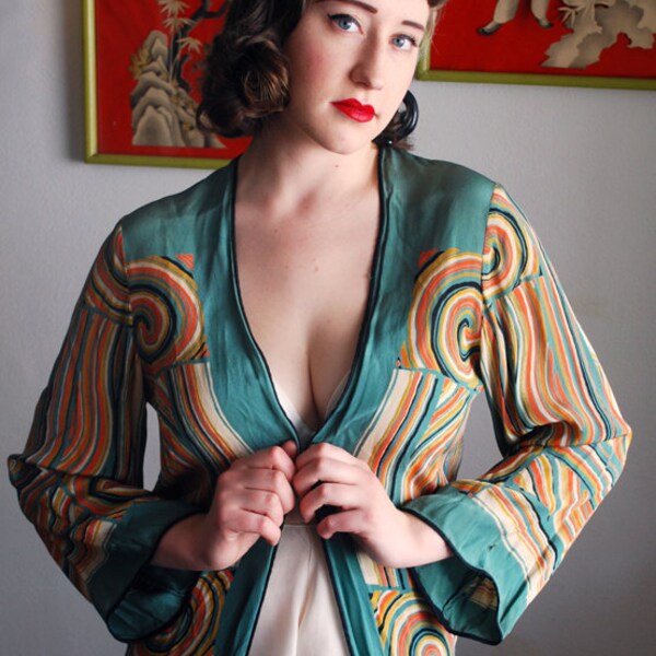 Reserved for MollyGWorld Do Not Buy Exquisite Silk 1920's Day Robe with Amazing Art Deco Print Size-S