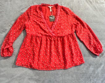 Matilda Jane Red Floral Blouse, Lace Trim Empire Waist, Size M