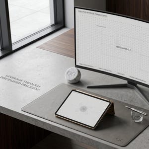 Puede incluir: Una moderna configuración de oficina con un monitor de computadora curvo que muestra un patrón de cuadrícula, una tableta y una alfombrilla de escritorio de cuero. Una esfera de mármol y un vaso de agua con un bolígrafo también están en el escritorio. El texto "EXECUTIVE INTERFACE" y "NODE ALPHA v1.2" son visibles.