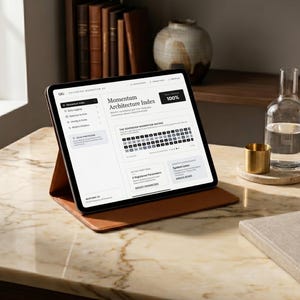 Puede incluir: Una tableta digital que muestra "Momentum Architecture Index" en una funda de cuero marrón. Una botella de agua de vidrio transparente, una taza dorada y un cuaderno con un bolígrafo están sobre la superficie de mármol. Un jarrón decorativo y libros están en el fondo.