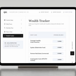 Puede incluir: Una tableta negra muestra un panel financiero con el texto "Wealth Tracker". La pantalla muestra clases de activos y saldos iniciales, incluyendo Liquidez Soberana, Acciones y Bienes Raíces Premium. La tableta está sobre una superficie blanca.
