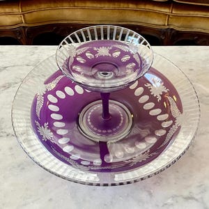 Antique Bohemian Purple Amethyst Cut to Clear Crystal Glass serving bowl & matching compote coupe