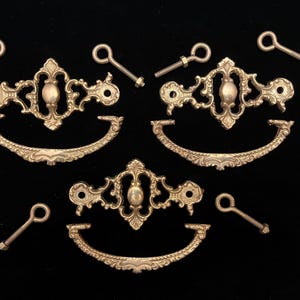 May include: Three ornate brass drawer pulls with matching eye bolts and screws. The pulls have a decorative floral design with a central oval detail and a curved handle. The hardware is set against a black background.