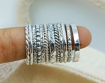 Sterling Silver Stacking Rings Set: Assorted Boho Patterns, Thin Bands, 12 Piece Set