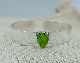 Sterling Silver Turquoise Cuff Bracelet, Wide Band, Boho Style, Toggle Clasp
