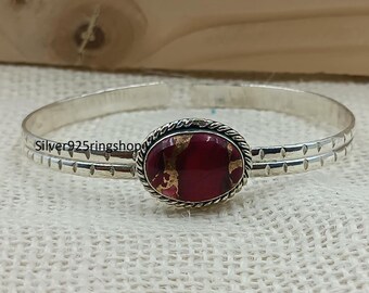 Sterling Silver Red Rose Dahlia Turquoise Cuff, Boho Toggle Clasp Bangle
