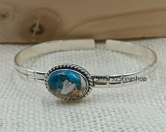 Handmade Sterling Silver Turquoise Bangle, Boho Cuff Bracelet, Toggle Clasp