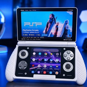 May include: A white handheld gaming console with a dual-screen design. The top screen displays a PlayStation Portable library interface, while the bottom screen shows an app menu. It features a directional pad, two analog sticks, and four buttons.