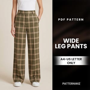 May include: Wide-leg pants in a green and tan plaid pattern. The pants have a high waist and a wide leg. The image also includes the text "PDF Pattern" and "Wide Leg Pants".