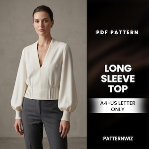 Puede incluir: Top de manga larga color marfil con cuello en V y detalle de cintura plisada. Las mangas son voluminosas y los puños son acanalados. La imagen también incluye el texto "PDF PATTERN" y "LONG SLEEVE TOP".