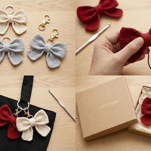 Puede incluir: Llaveros de lazo de ganchillo hechos a mano en rojo, crema y gris. La imagen muestra los lazos con llaveros, adjuntos a una bolsa de mano negra y en una caja de regalo. Los lazos miden aproximadamente 10 cm de ancho.