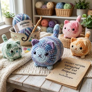 以下が含まれることがあります： 青、ピンク、オレンジなど、さまざまな色の手作りの編みぐるみ猫。 模様入りの毛糸玉と編み棒が装飾的なボウルに入っています。 パターンブックも表示されています。