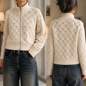 Floral Crochet Cardigan Pattern | Zip Front Sweater Tutorial | DIY Women Jacket Digital Download)