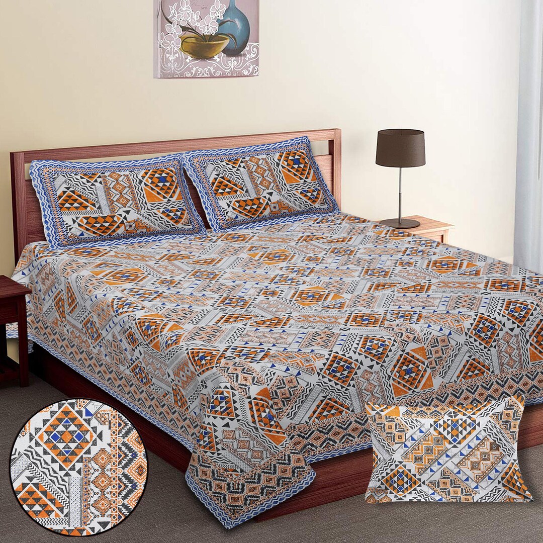 Hand Block Print Cotton Bed Sheet: Flat Sheet (90