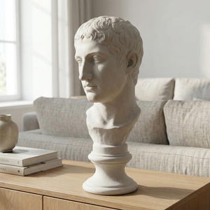 May include: A white classical bust of a man with short, curly hair. The sculpture is on a pedestal base and sits on a wooden table. The bust has detailed facial features. Home decor.