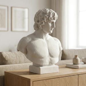 May include: A white bust of a man with curly hair and a muscular chest. The sculpture is mounted on a square base and sits on a wooden cabinet. The bust is a classical art piece.