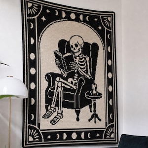 Skeleton Mosaic Crochet Blanket Pattern, Gothic Tarot Skeleton Reading in Armchair, Whimsigoth Halloween Throw Chart PDF Instant Download