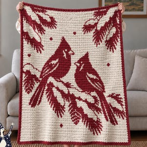 Overlay Mosaic Crochet Pattern, Winter Cardinal Blanket, Snowy Pine Birds, PDF Download