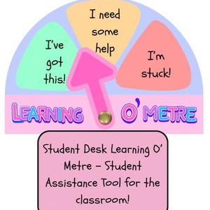 Puede incluir: Un "Learning O' Metre" rosa y azul con una flecha rosa que apunta a "I need some help". El medidor tiene secciones etiquetadas como "I've got this!" e "I'm stuck!". Un rectángulo rosa debajo dice "Student Desk Learning O' Metre - Student Assistance Tool for the classroom!"