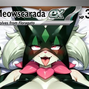 May include: A trading card featuring a stylized illustration of a Meowscarada EX character. The card has a green and black color scheme with pink accents. The character is lying on a white pillow.