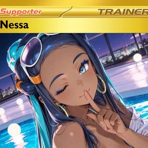 Könnte beinhalten: Eine goldfarbene Trainerkarte mit der Figur Nessa. Auf der Karte steht oben links "Supporter" und oben rechts "Trainer". Nessa hat dunkles Haar, blaue Highlights und eine Sonnenbrille, zwinkert mit einem Finger an den Lippen. Der Hintergrund zeigt einen Pool.