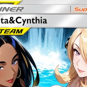 Könnte beinhalten: Eine Sammelkarte mit zwei Frauen im Anime-Stil, Geeta und Cynthia, mit dem Text "Geeta&Cynthia" und "TAG TEAM". Die Karte hat einen gelben und silbernen Rand mit dem Wort "TRAINER" oben.