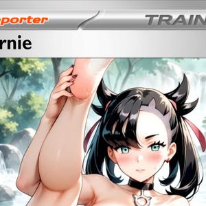 May include: A collectible trading card featuring the character Marnie, labeled as a Supporter Trainer card. The illustration depicts a character with dark hair in twin tails, wearing a black choker, set against a background of a forest waterfall.