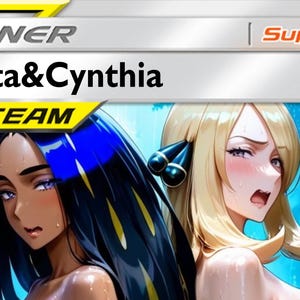 May include: A collectible trading card featuring the text Trainer, Supporter, Geeta&Cynthia, and Tag Team. The illustration depicts two characters with long hair, one with dark hair and one with blonde hair, set against a blue rainy background.