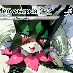 Op de afbeelding: Een ruilkaart met het personage Meowscarada EX. De kaart heeft een groen en zwart kleurenschema met roze accenten. De kaart bevat ook de tekst "Evolueert van Floragato" en een HP-waarde van 310.
