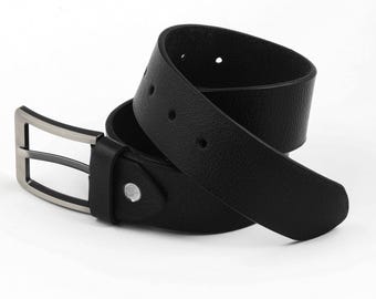 Men's Black Leather Belt – Textured Casual Dress with Steel Buckle