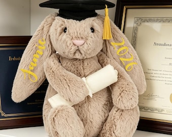 Gepersonaliseerde pluche afstudeerkonijn, afstudeercadeau universiteit, afstudeerknuffel universiteit, borduur afstudeerkonijn knuffel afstudeercadeau