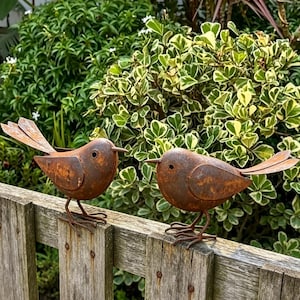 May include: Two rusty metal bird sculptures perched on a wooden fence. The birds have detailed wings and feet, with a weathered, aged appearance. The background features lush green and yellow foliage.