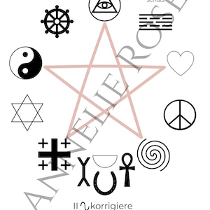 Puede incluir: Un póster blanco con varios símbolos negros, incluyendo un yin-yang, una estrella de seis puntas y un símbolo de la paz, dispuestos alrededor de una estrella rosa. También hay texto en alemán e inglés.