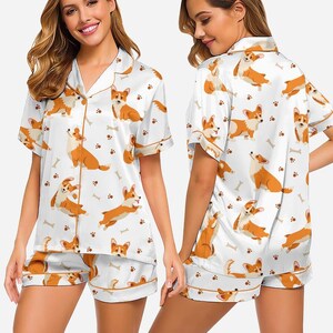 Women’s Corgi Pajamas, Animal Print Sleepwear, Short Sleeve Button Up, Summer Lounge Gift