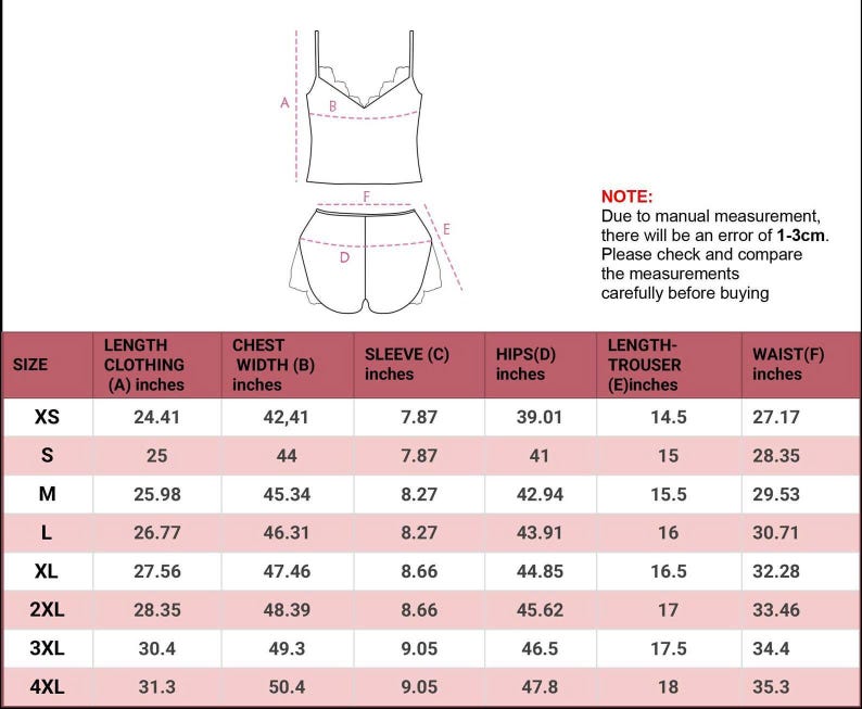 May include: A diagram of a two-piece lingerie set, featuring a camisole top with lace trim and matching shorts. A size chart with measurements in inches is included, with a note about potential measurement errors.