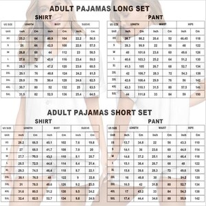 May include: Detailed size charts for adult pajamas, including long and short sets. Measurements are provided in inches and centimeters for shirt, bust, sleeve, waist, and hips. The charts list sizes from XS to 5XL.