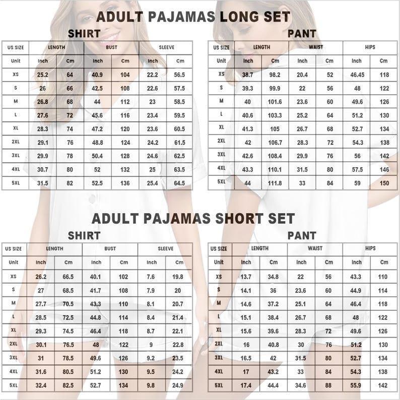 May include: Detailed size charts for adult pajamas, including long and short sets. Measurements are provided in inches and centimeters for shirt, bust, sleeve, waist, and hips. The charts list sizes from XS to 5XL.
