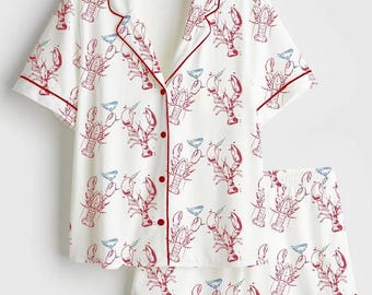 Lobster Martini Satin Pajama Set, Short Sleeve Sleepwear, Martini Cocktail Print Loungewear
