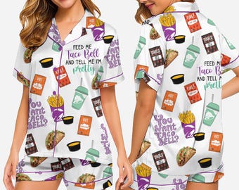 Taco Bell Print Pajama Set – Short Sleeve Button-Down Shirt & Shorts Sleepwear