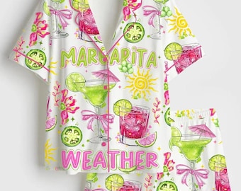 Satin Pajama Set, Margarita Cocktail Print, Women’s Silky Tropical Lounge Set