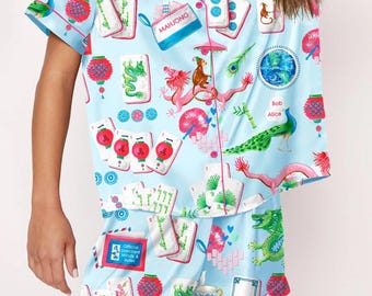 Satin-Pyjama-Set mit Mahjong-Print, Nachtwäsche mit Knöpfen für Damen, Game Night Lounge Set