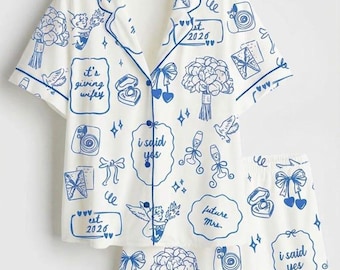 Conjunto de pijama de satén para la futura esposa, ideal para el compromiso de boda en 2026, ideal para el aniversario de la boda en la capilla, pijama para esposa, regalos de ropa de dormir hechos a mano.