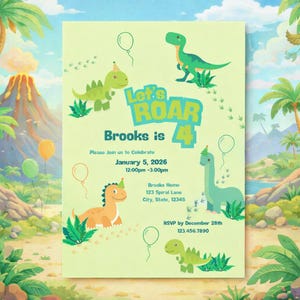 Pode incluir: Um convite verde claro com ilustrações de dinossauros e o texto "Let's ROAR Brooks is 4". O convite inclui detalhes do evento: 5 de janeiro de 2026, 12h00-15h00, e informações de RSVP.