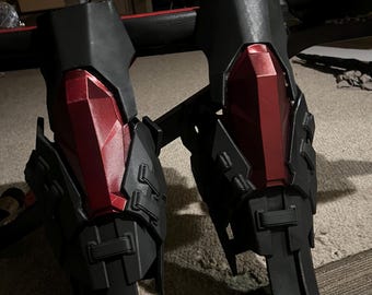Red hood Shin Armor. Painted and 3d printed ready to wear. Flexible Material.