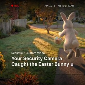 Könnte beinhalten: Ein Überwachungskamera-Bild zeigt den Osterhasen, der über einen Rasen hüpft und einen Korb mit Eiern trägt. Der Text lautet: "Ihre Überwachungskamera hat den Osterhasen erwischt." Datum und Uhrzeit werden oben angezeigt.