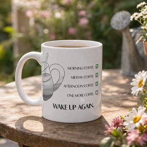 Puede incluir: Taza de café de cerámica blanca con texto negro y un dibujo de una cafetera. La taza tiene las palabras "Morning Coffee", "Midday Coffee", "Afternoon Coffee" y "One More Coffee". Las palabras "Wake Up Again" están en la parte inferior.