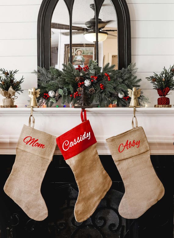 Burlap Personalized Christmas Stocking Embroidered Knotted Fringe Cuff Monogram